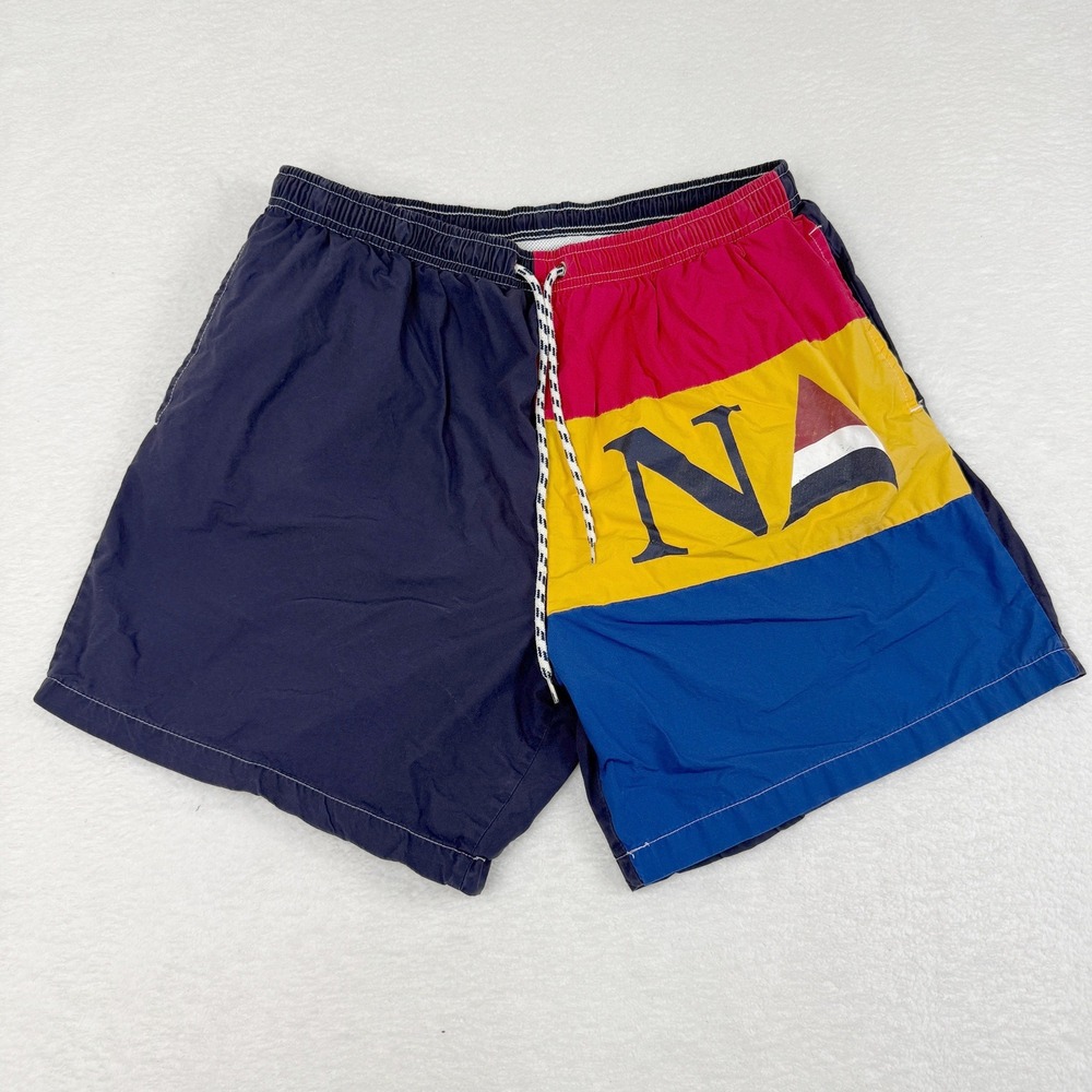 Vintage Navigata by Bugle Boy Swim Trunks Men Large Colorblock Nautical Surf